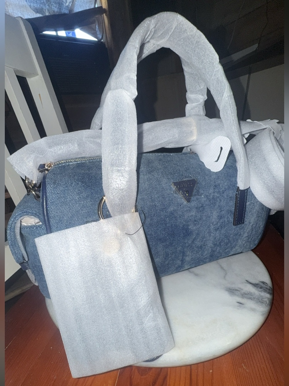 NWT GUESS Kassie Small Box Satchel Bag Denim Y2K - Picture 2 of 7